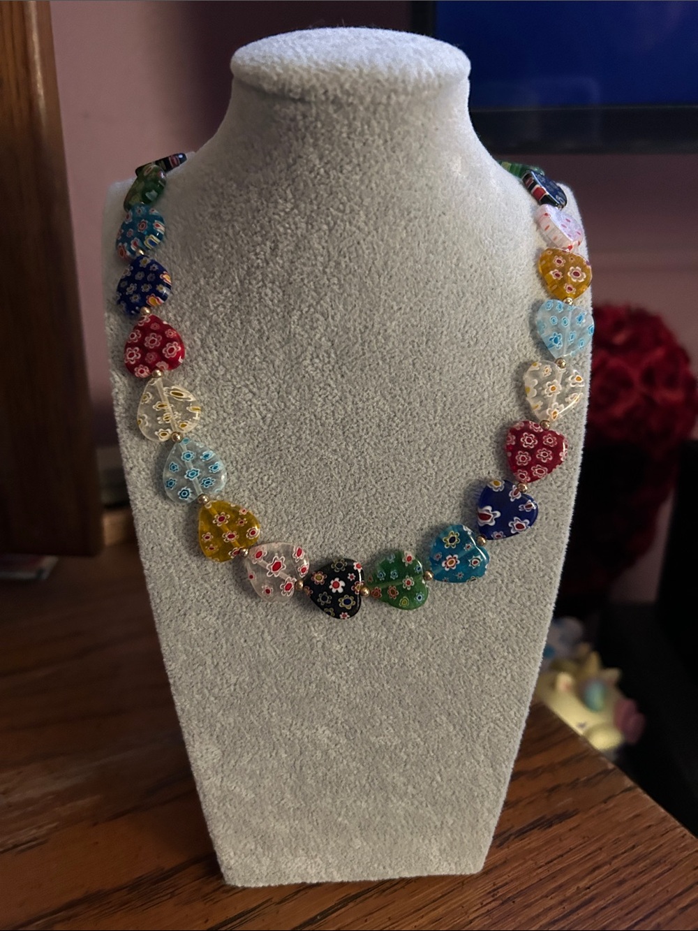 Multicolor Floral Heart Glass Bead Necklace - Women Jewelry